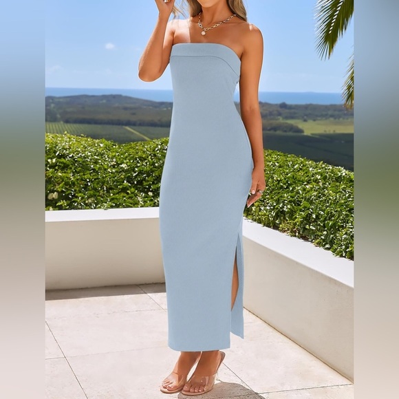 ZESICA Strapless Bodycon Midi Dress Side Slit Light Blue XL New - Picture 2 of 9